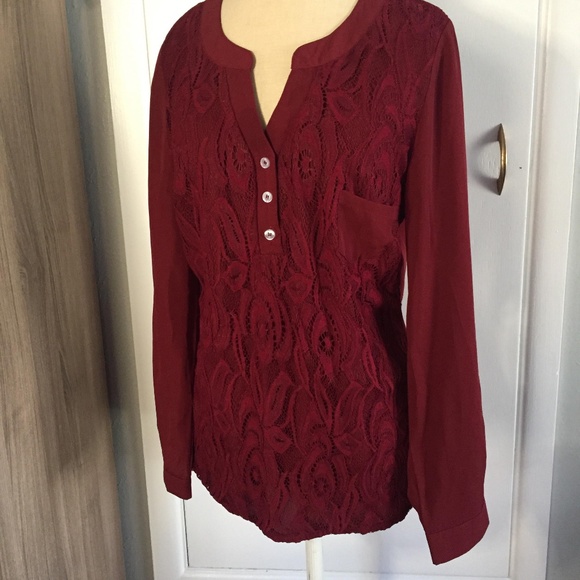 Maroon Lace Sheer Long Sleeve Blouse Button Detail - Picture 3 of 6